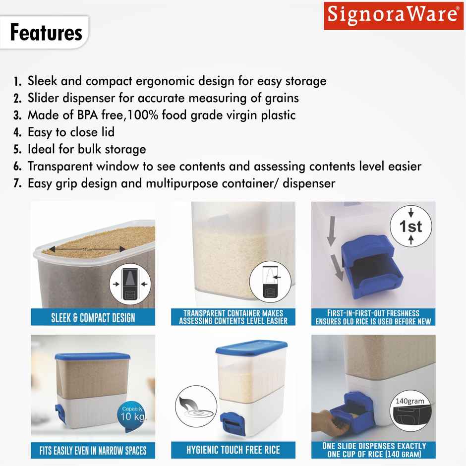 Signoraware Rice Dispenser Container | 10 kg | Blue | Rice Storage Box