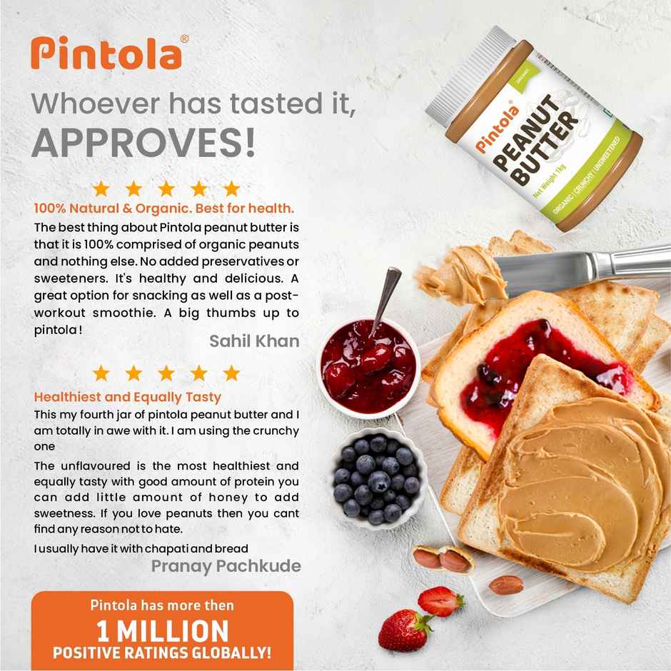 Pintola Organic Unsweetened Peanut Butter Crunchy - High Protein 30G & 9G Dietary Fiber
