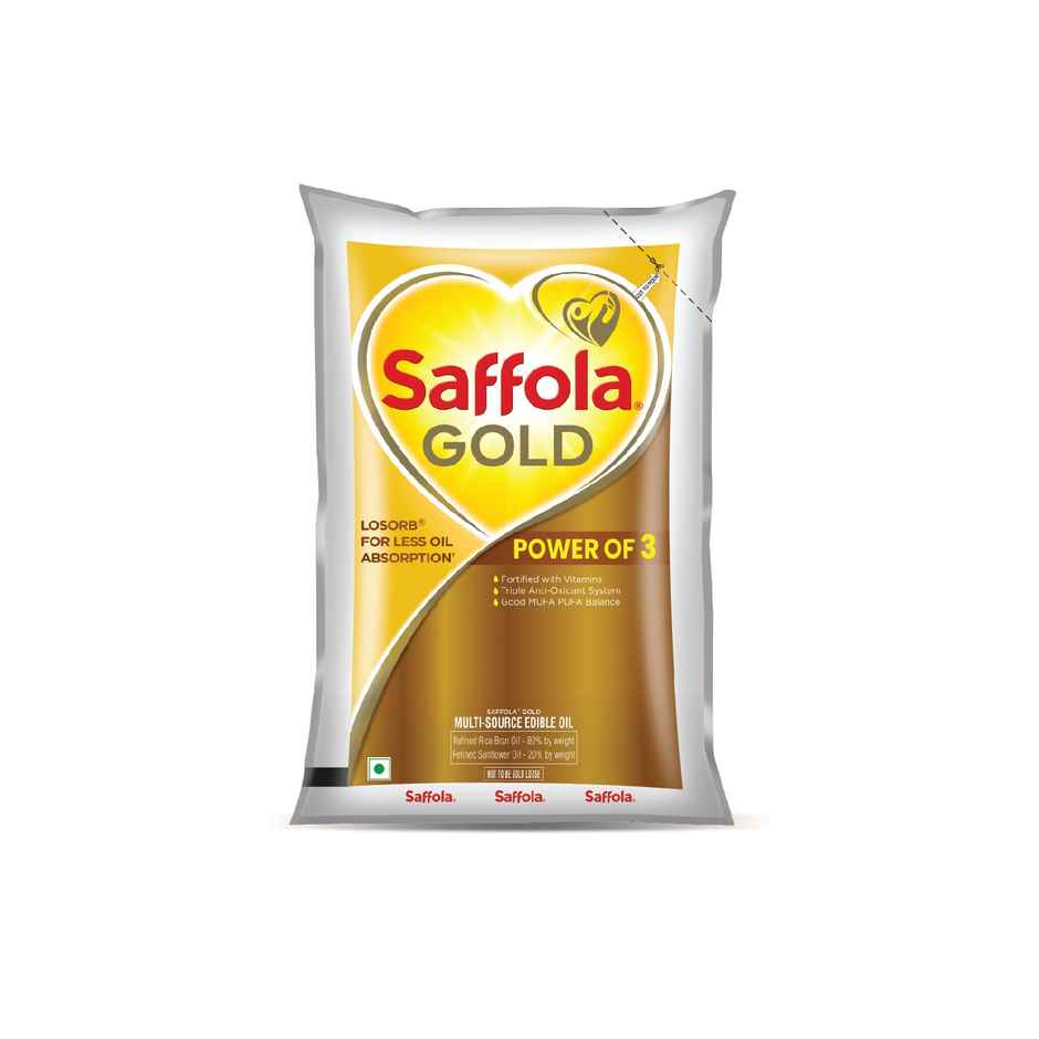 Saffola Gold Oil (Pouch) 1 l * 3 & Daawat Rozana Basmati Rice Super 90 5 kg with 1 kg Sugar Free