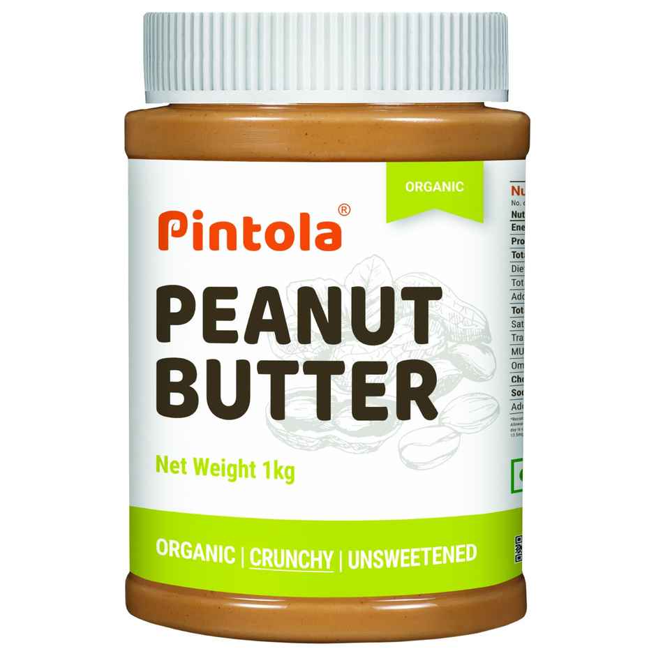 Pintola Organic Unsweetened Peanut Butter Crunchy - High Protein 30G & 9G Dietary Fiber