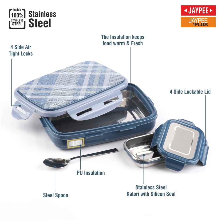 Jaypee Ecosteel Sr. Lunch Box with Spill Proof Box Inside | Inner stainless steel | Benz Blue - 500 ml