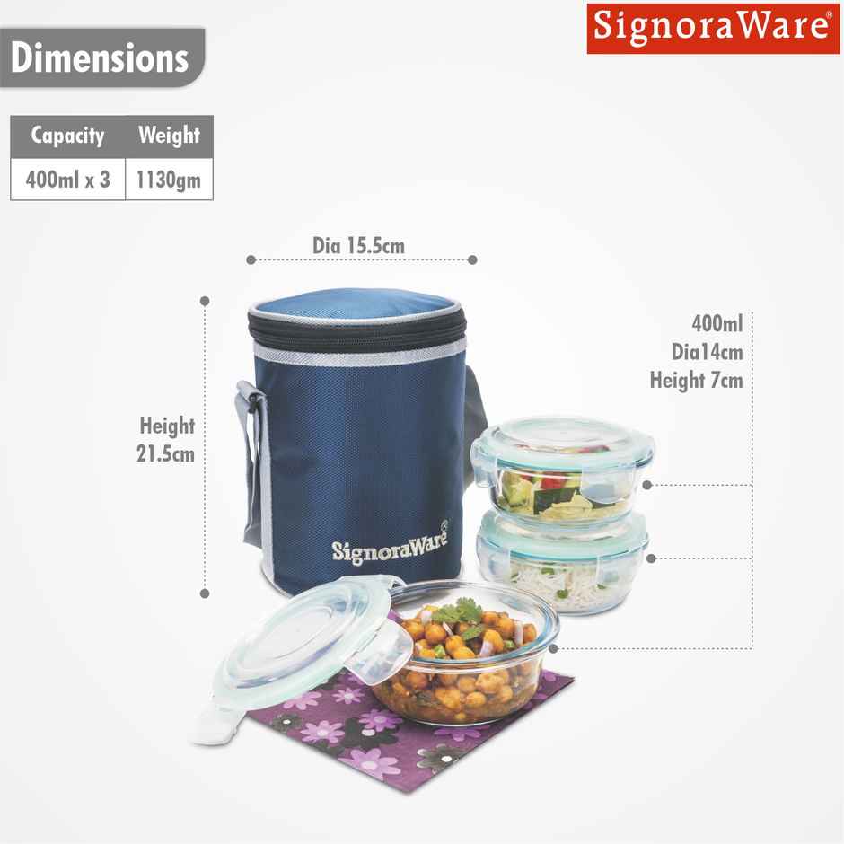 Signoraware Borosilicate Glass Lunch Box | Set of 3 | Clear | Glass Lunch Box Set