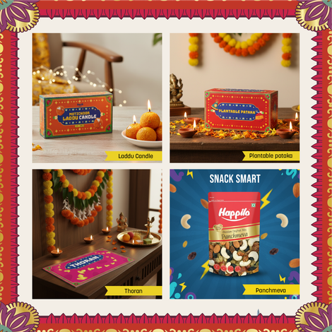 Happilo Dhamaka Gift Box| Plantable Pataka| Date Bites|Motichoor Ladoo Candle | Toran
