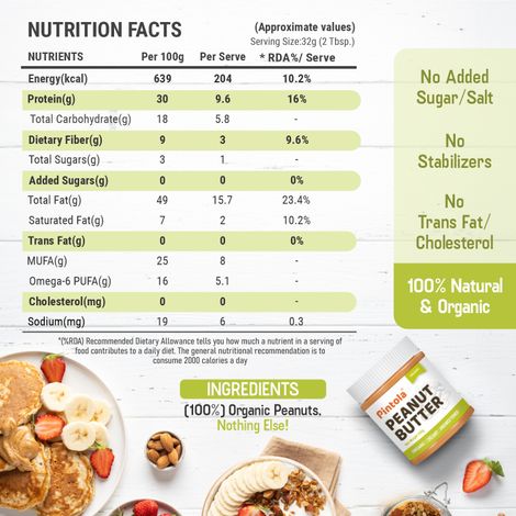 Pintola Organic Unsweetened Peanut Butter Creamy - High Protein 30G & 9G Dietary Fiber