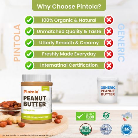 Pintola Organic Unsweetened Peanut Butter Creamy - High Protein 30G & 9G Dietary Fiber