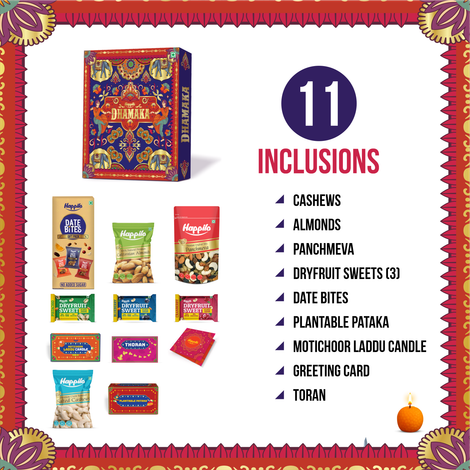 Happilo Dhamaka Gift Box| Plantable Pataka| Date Bites|Motichoor Ladoo Candle | Toran