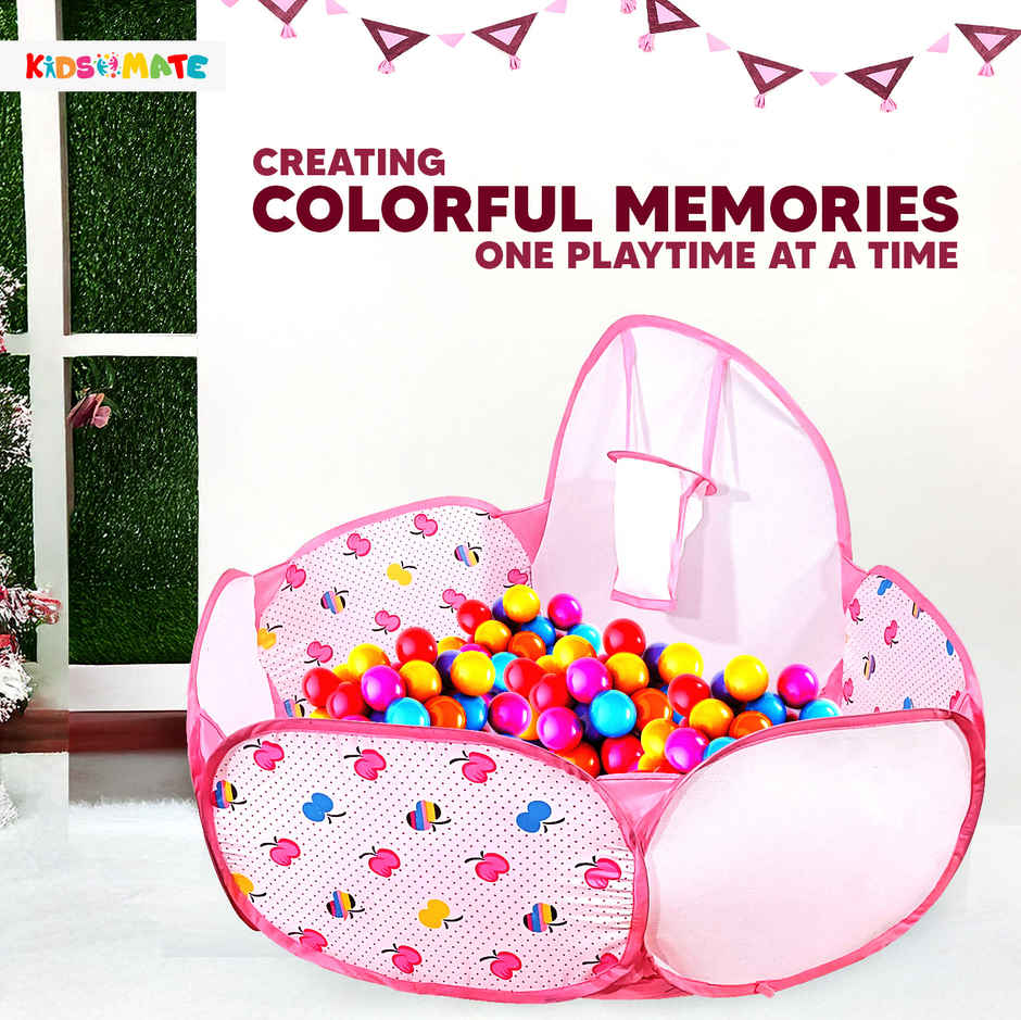 Kidsmate Foldable Hexa Ball Pool for Kids | Pop-Up Playhouse with Dotted Print & Mesh Walls | Pink
