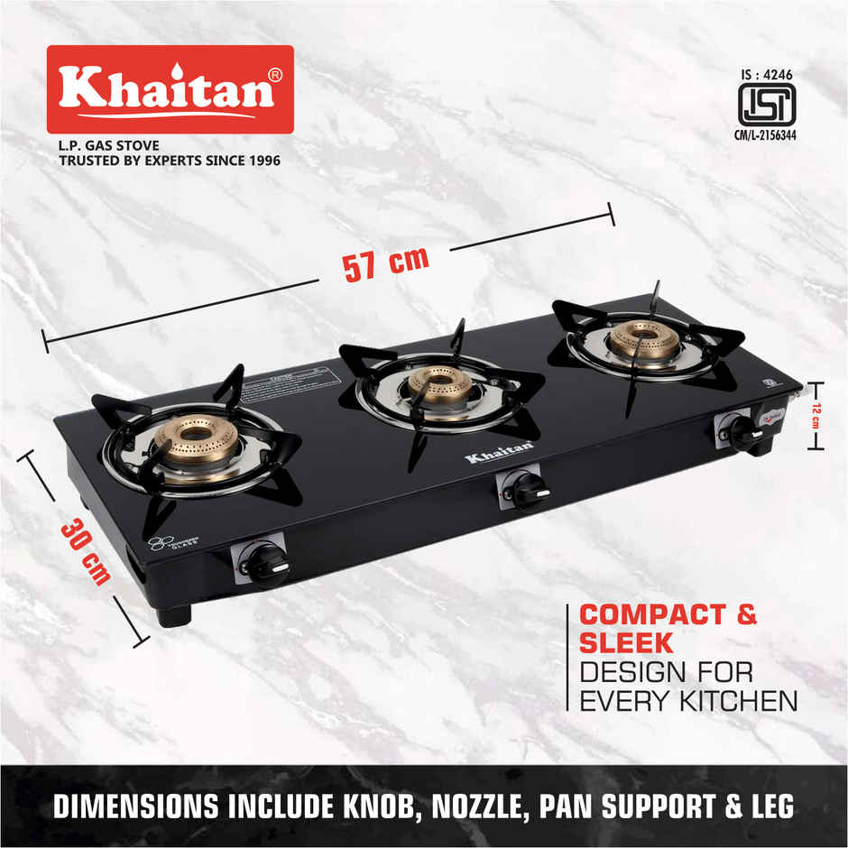 Khaitan 3 Burner BP Jio Toughened Glass | LPG Cooktop I Manual Ignition Stove | Black