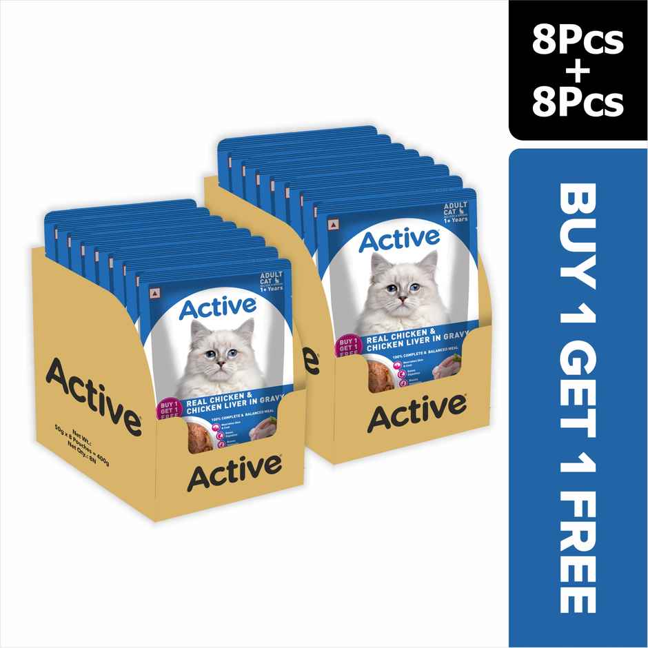 Active Adult Cat Wet Food, Real Chicken in Gravy, 8 Pouches (Buy 1 Get 1 Free)