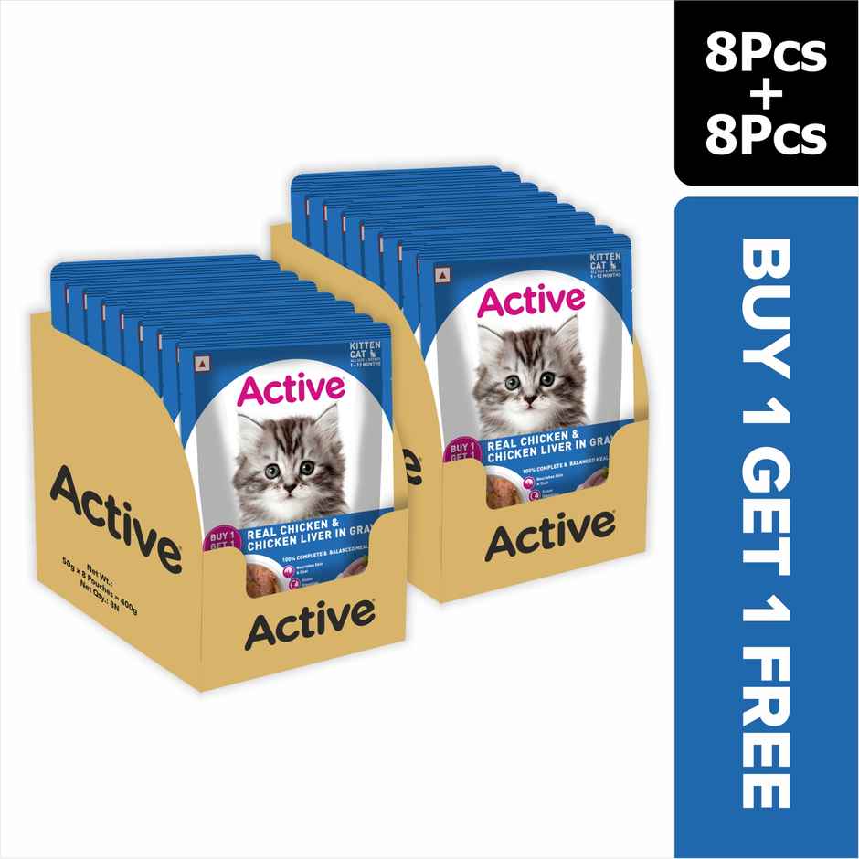 Active Kitten Wet Food, Real Chicken in Gravy, 8 Pouches (Buy 1 Get 1 Free)