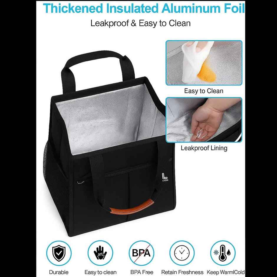 Lazer Insulated Lunch Bag | Waterproof Leakproof Cooler Tote with Pockets | Black