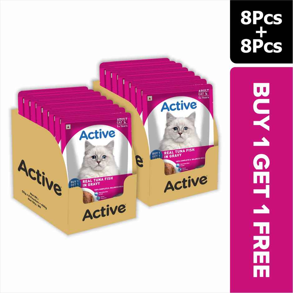 Active Adult Cat Wet Food, Real Tuna in Gravy, 8 Pouches (Buy 1 Get 1 Free)
