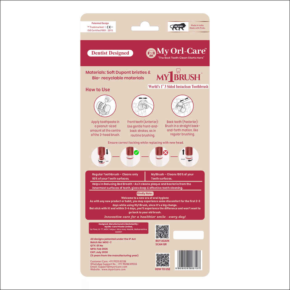 My Orl-Care My1Brush - Couple Pack | 3-Sided Manual Soft Bristle Toothbrush