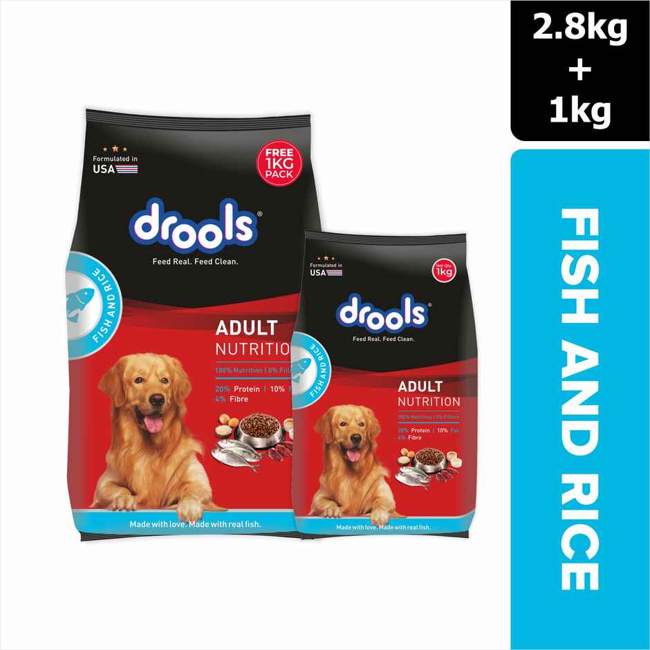 Drools Fish and Rice Adult Dry Dog Food 2.8 kg with Free 1 kg