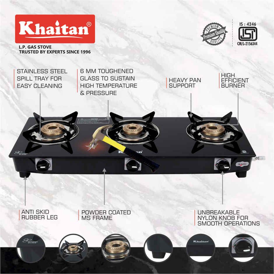 Khaitan 3 Burner BP Jio Toughened Glass | LPG Cooktop I Manual Ignition Stove | Black
