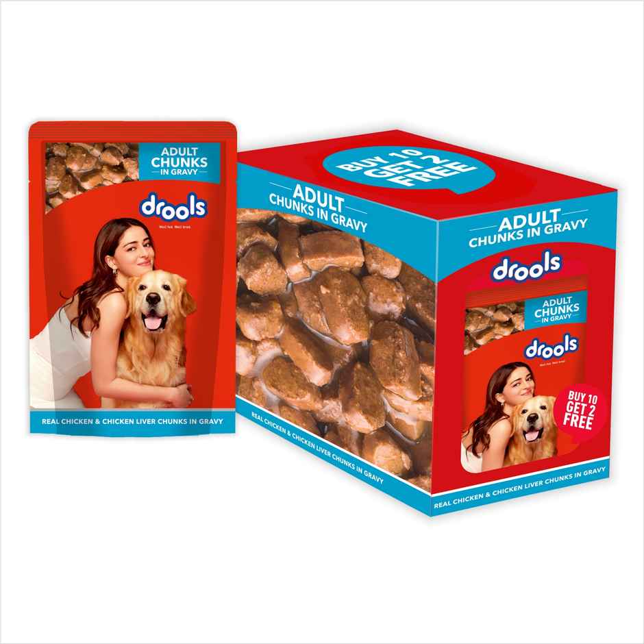 Drools Adult Wet Dog Food Chicken And Chicken Liver Chunks In Gravy (10 + 2 Pouches Free)
