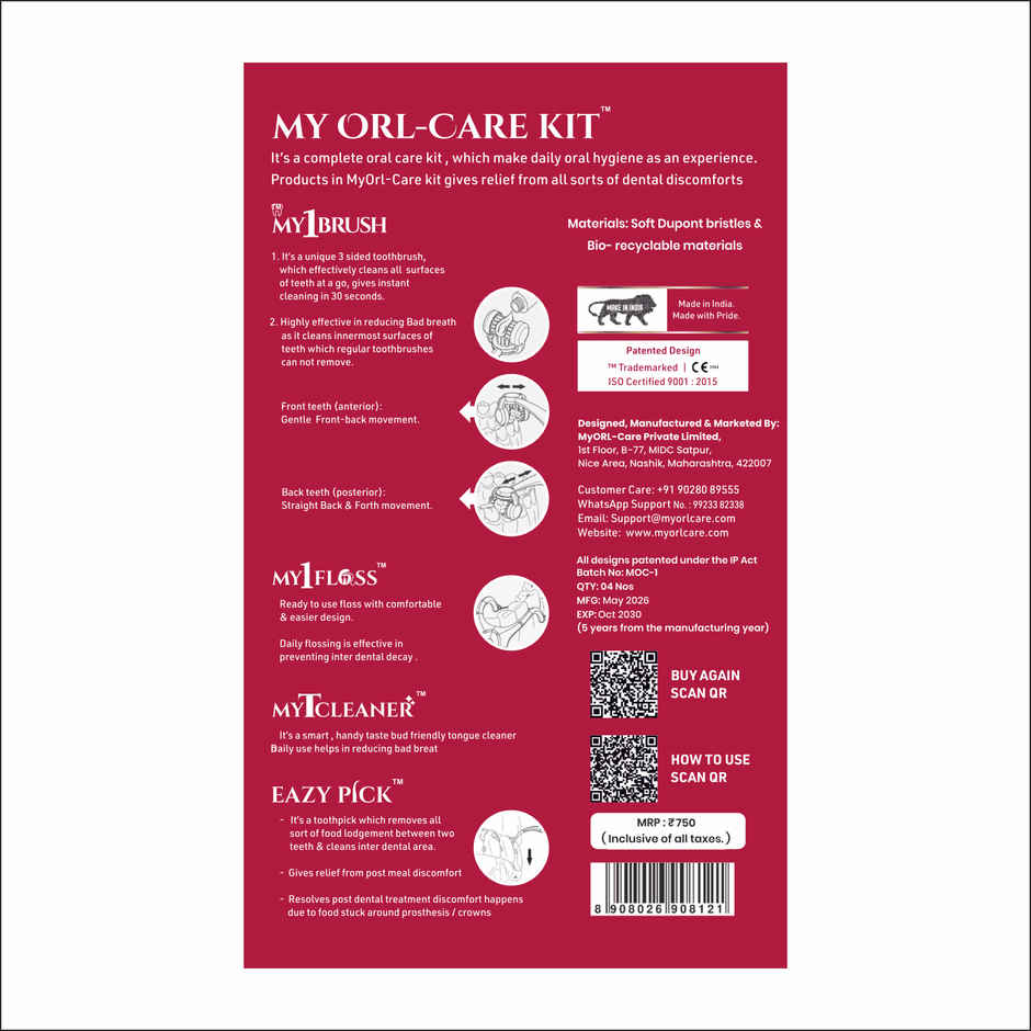 My Orl-Care Kit | 3-Sided Soft Bristle Toothbrush, Floss, Tongue Cleaner, Toothpick 