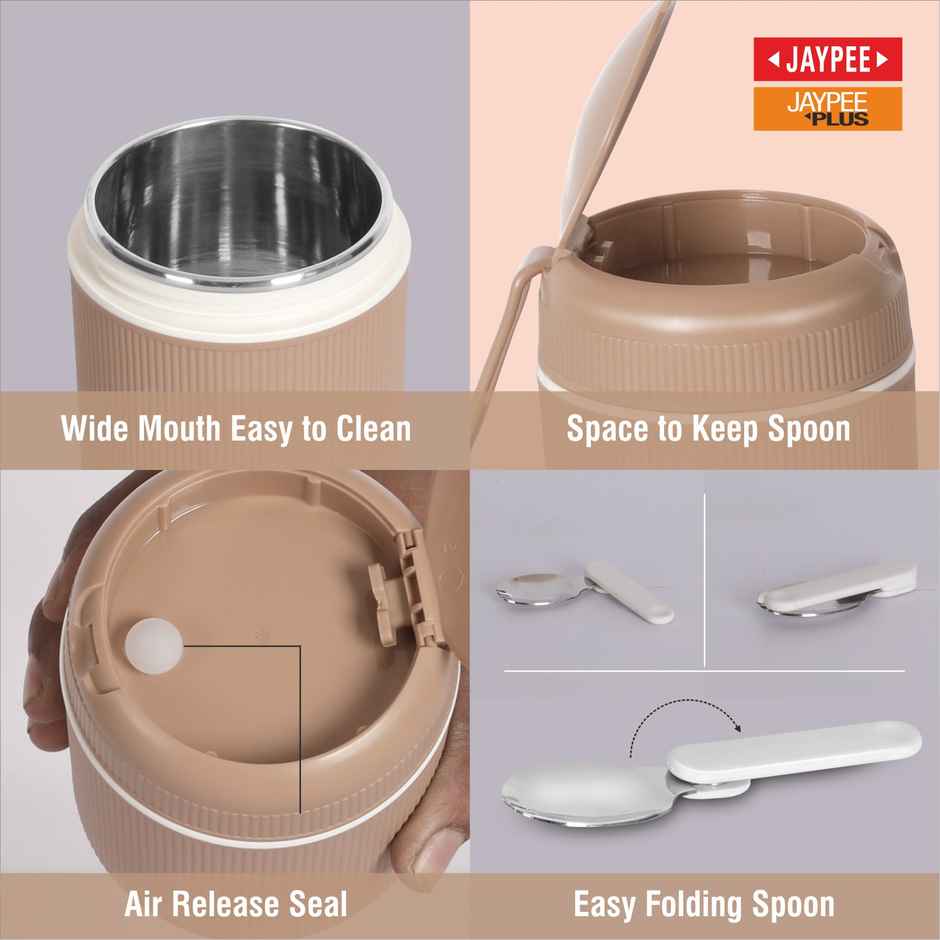 Jaypee SoloMeal PU Insulated Inner Stainless Steel Food Jar with Foldable Spoon | Brown - 500ml