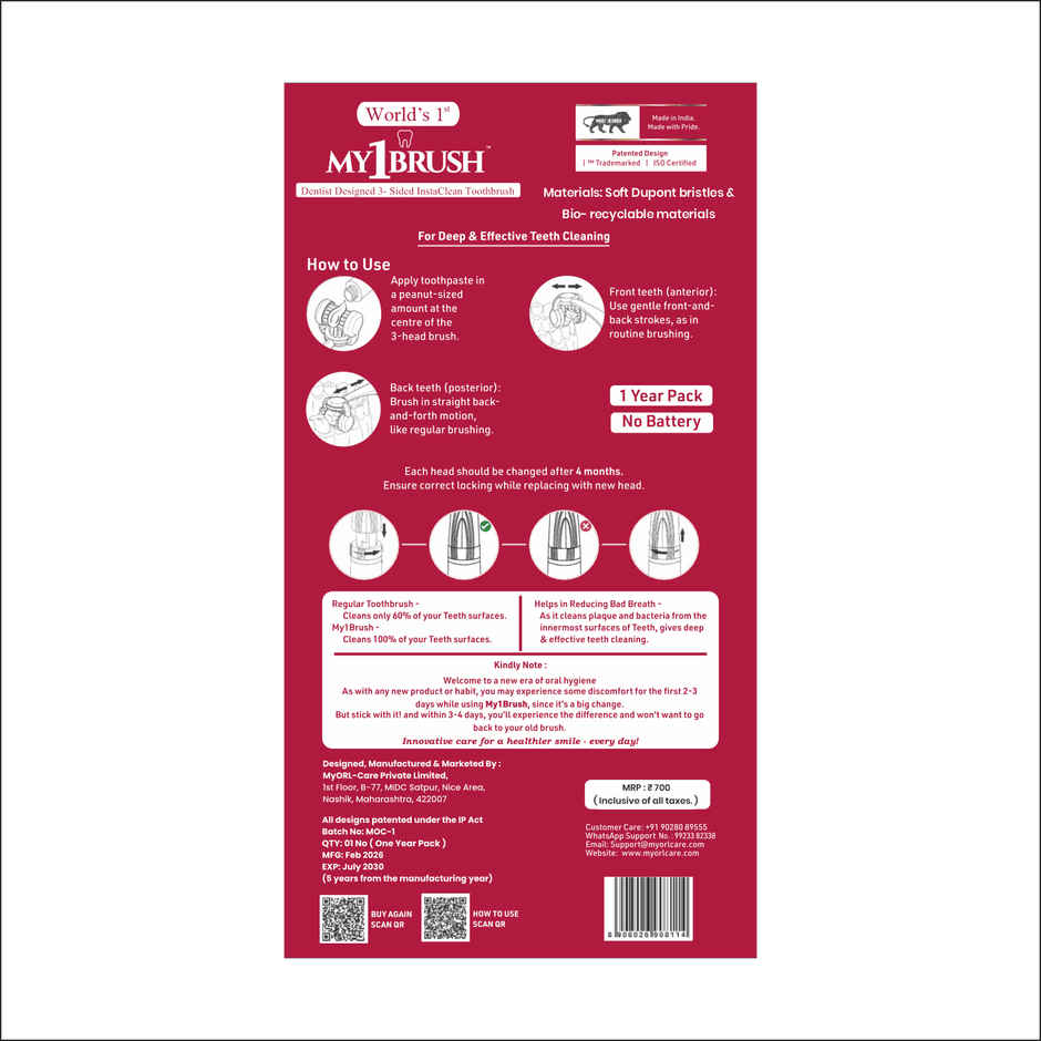 My Orl-Care My1Brush 3-Sided Soft Bristle Toothbrush for Adults | 100% Teeth Cleaning