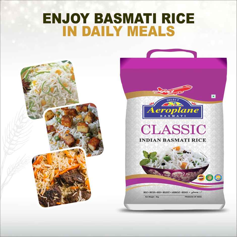 Aeroplane Premium Selected Classic Biryani Basmati Rice, Soft Fluffy & Non Sticky Long Grains Rice