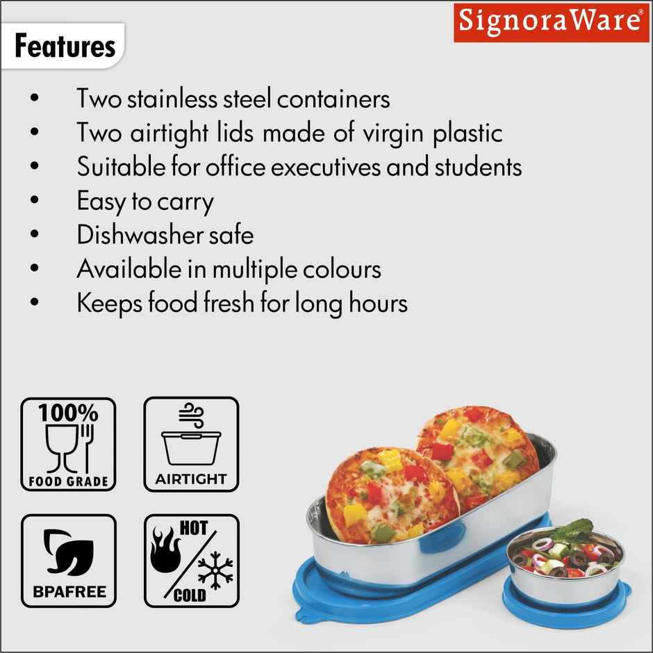 Signoraware Feast Oval Steel Lunch Box Food Grade Stainless Steel Blue
