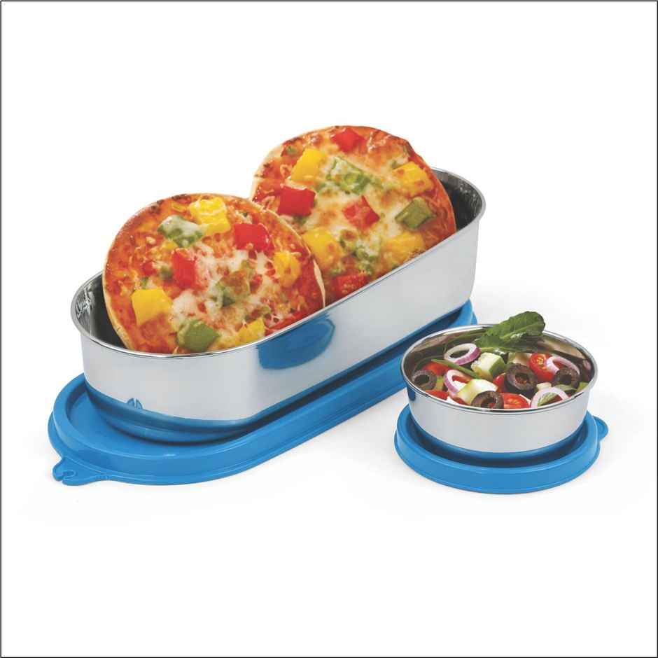 Signoraware Feast Oval Steel Lunch Box Food Grade Stainless Steel Blue