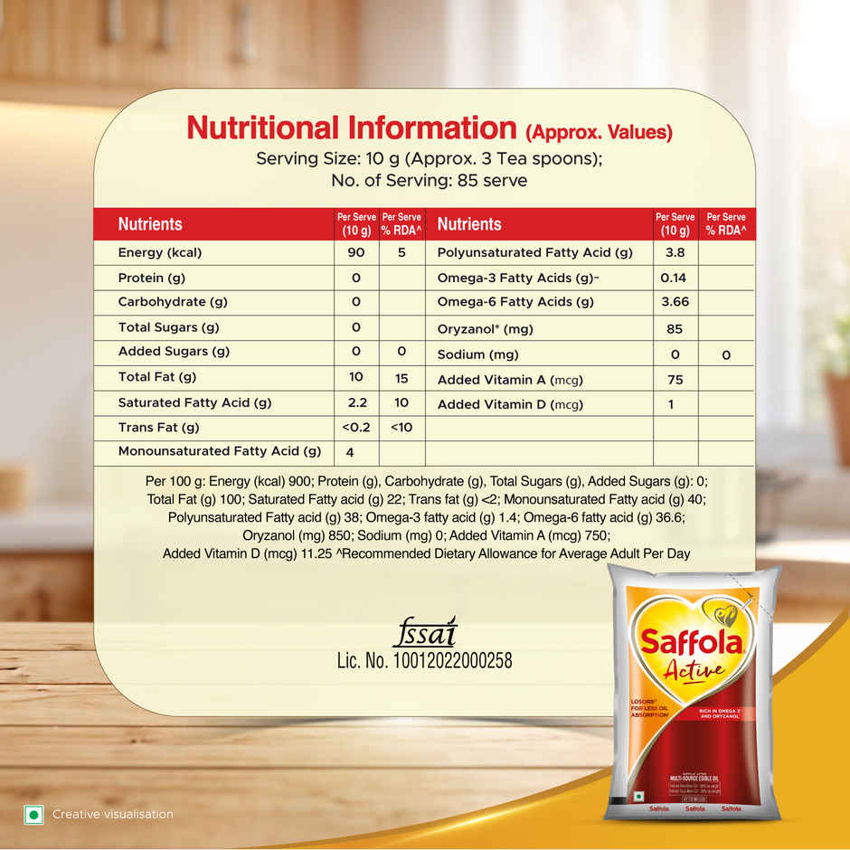 Saffola Active | Rice Bran & Soyabean Multi-source Edible Oil | Less oil absorption | Vitamin A & D
