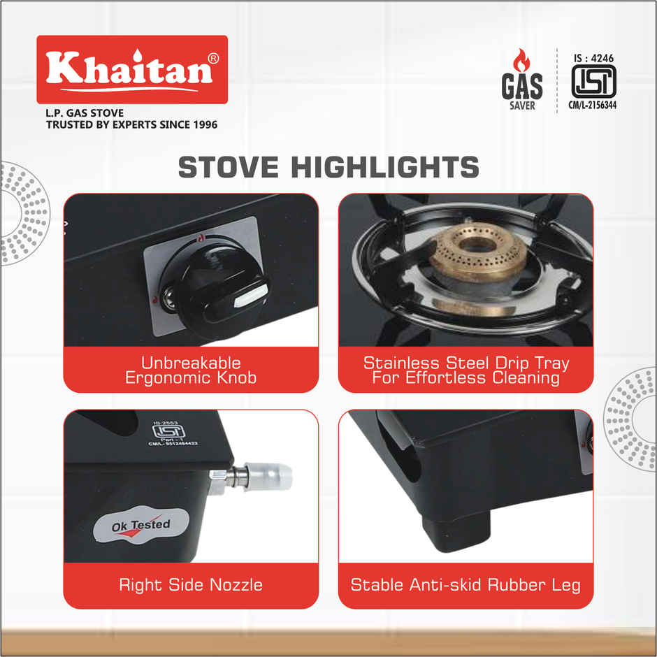 Khaitan 3 Burner BP Jio Toughened Glass | LPG Cooktop I Manual Ignition Stove | Black
