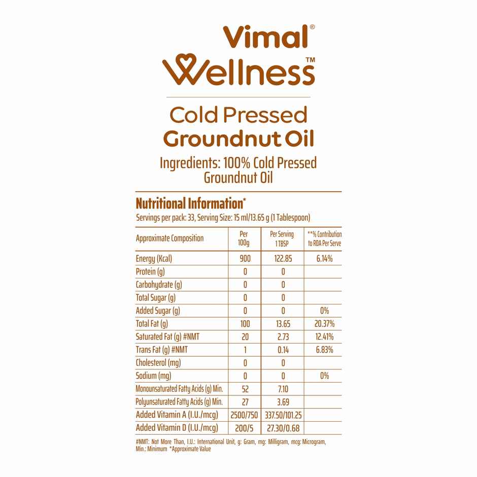 Vimal Wellness Groundnut (Peanut) Cold Pressed Oil | Healthy Cooking Oil