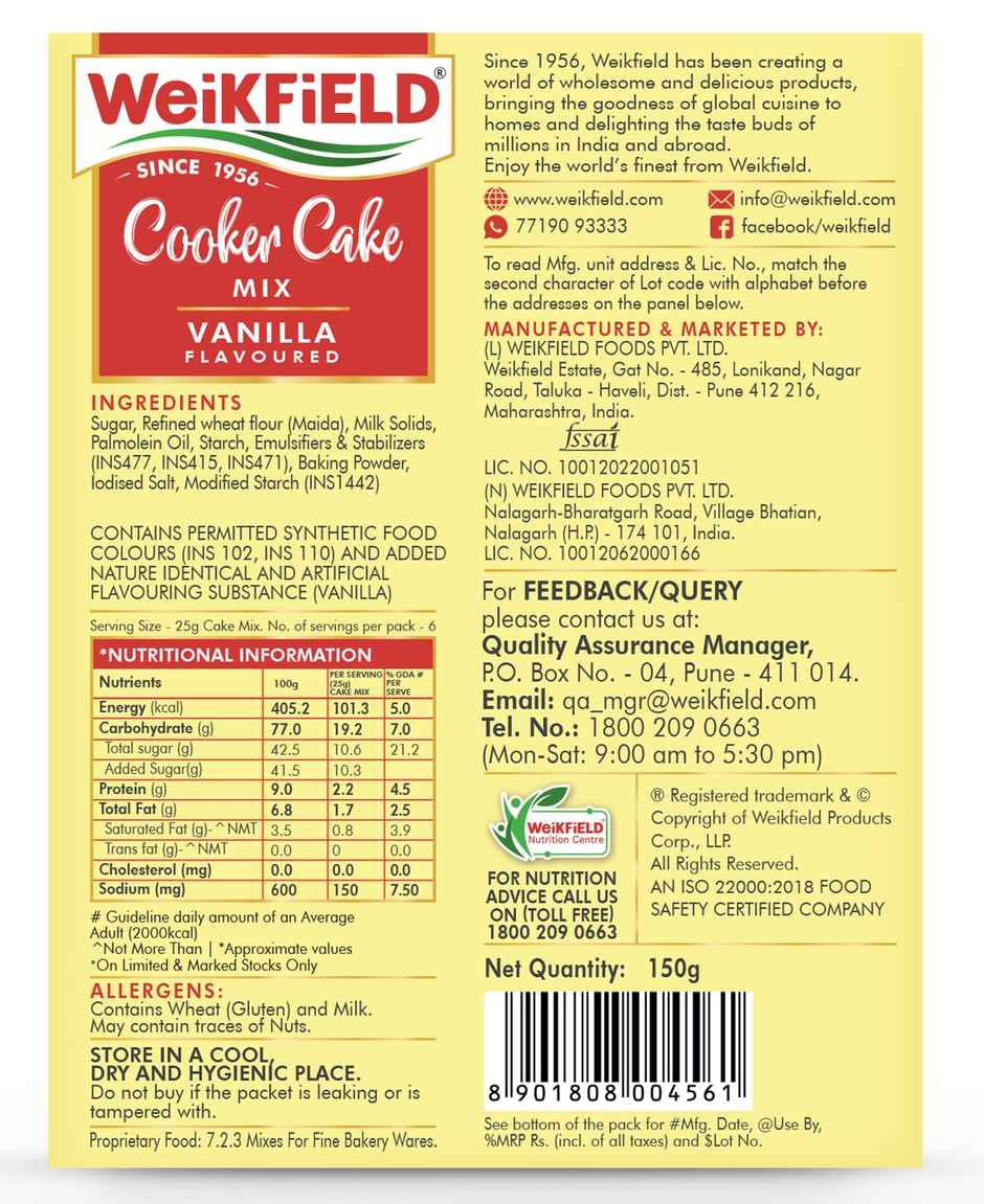 Weikfield Cooker Cake Mix Vanilla Flavoured Carton