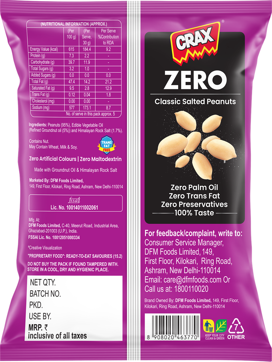 Crax Zero Classic Salted Peanuts Namkeen Snacks - No Palm Oil With Himalayan Rock Salt