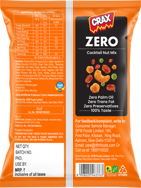 Crax Zero Cocktail Nut Mix Namkeen Snacks - No Palm Oil