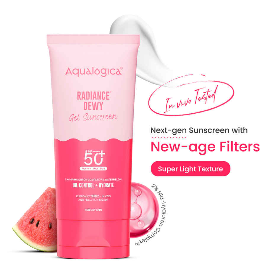 Aqualogica Radiance+ Dewy Lightweight Sunscreen Gel SPF 50+ PA+++ for Oily & Acne-Prone Skin | Tested On GenZ