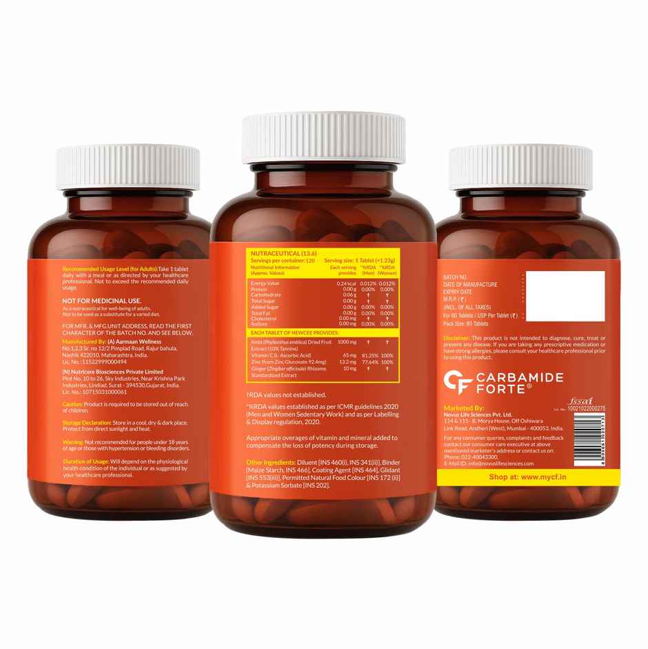Carbamide Forte Natural Vitamin C Supplements Amla Extract With Zinc For Immunity & Skincare 120 tab