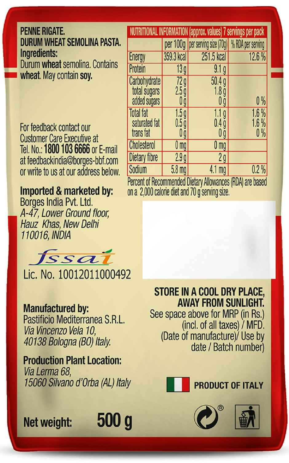 BORGES Durum Wheat Pasta Penne Rigate Combo
