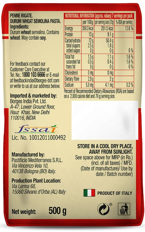 BORGES Durum Wheat Pasta Penne Rigate