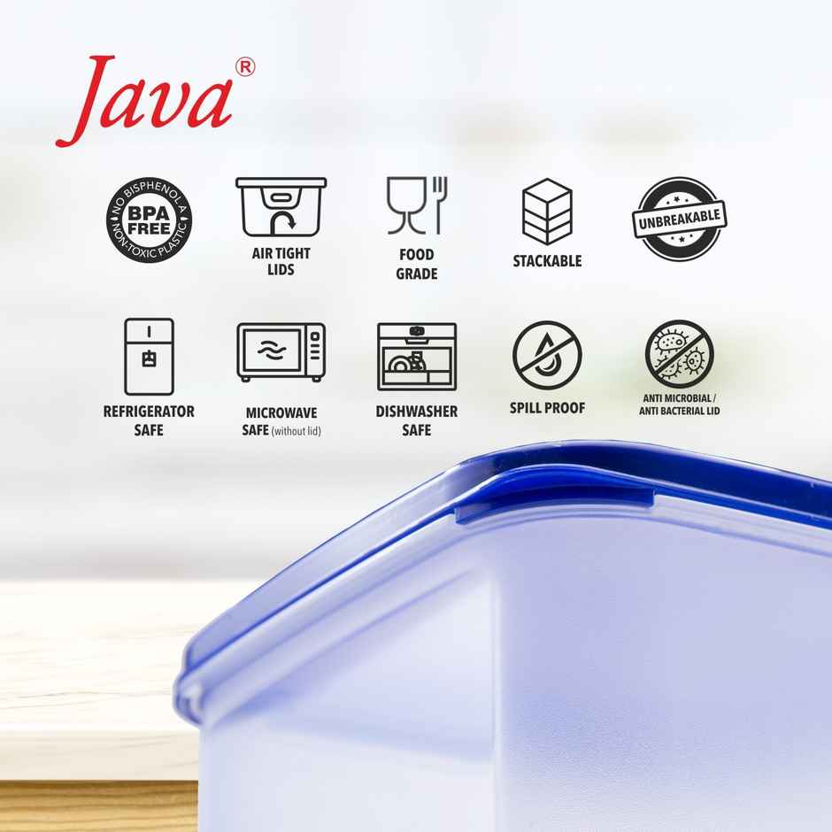 Java Airtight Plastic Square Container With Blue Lid (4L, Transparent)