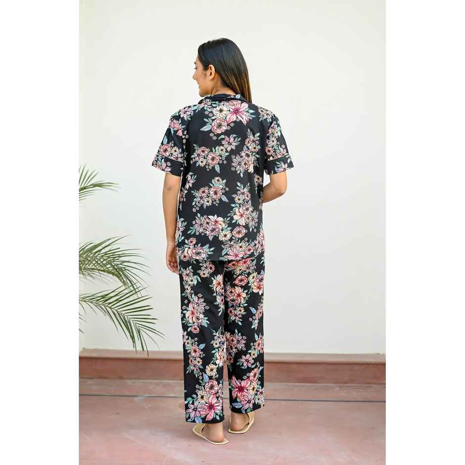Sanskrutihomes Women Black Pure Cotton Floral Print Pyjama | Set L