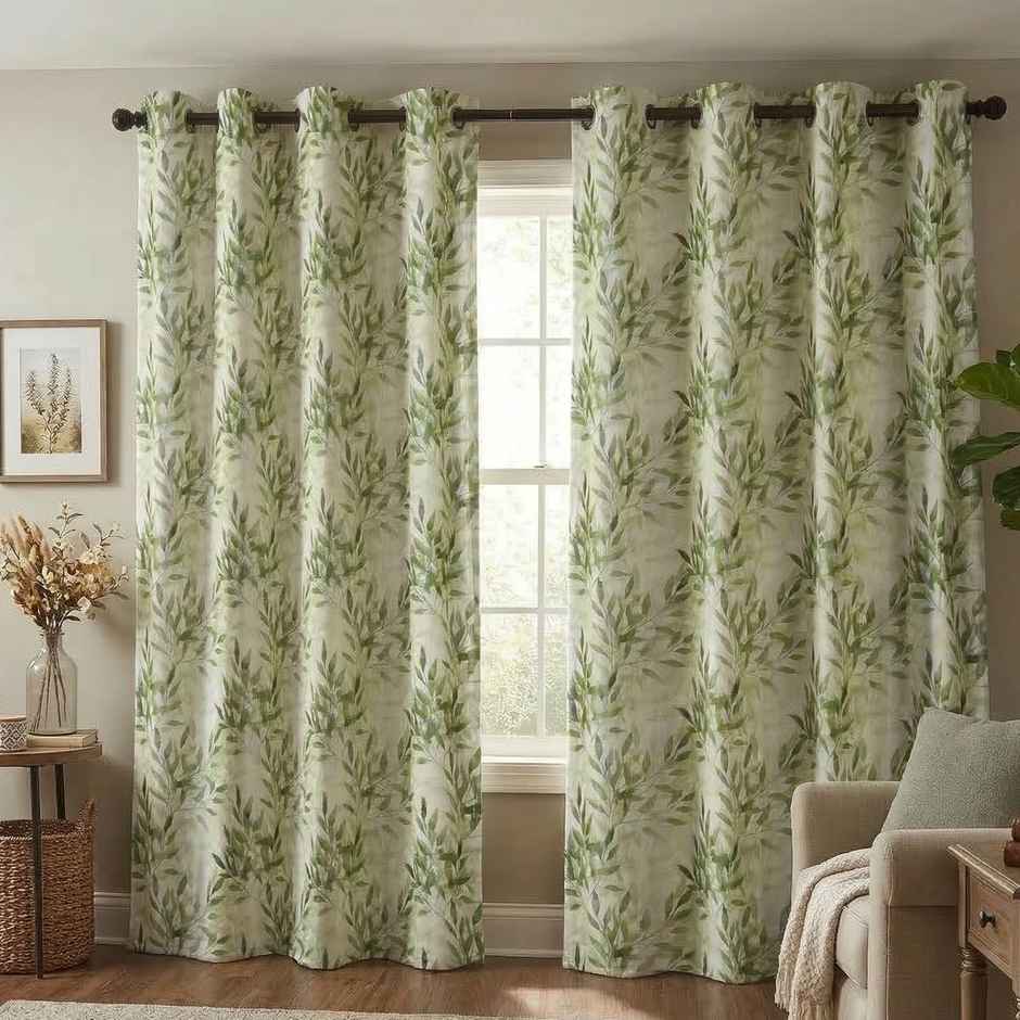 Home Sizzler Floral Flow Grommet Polyester Door Curtain 7 Feet Leaf Green