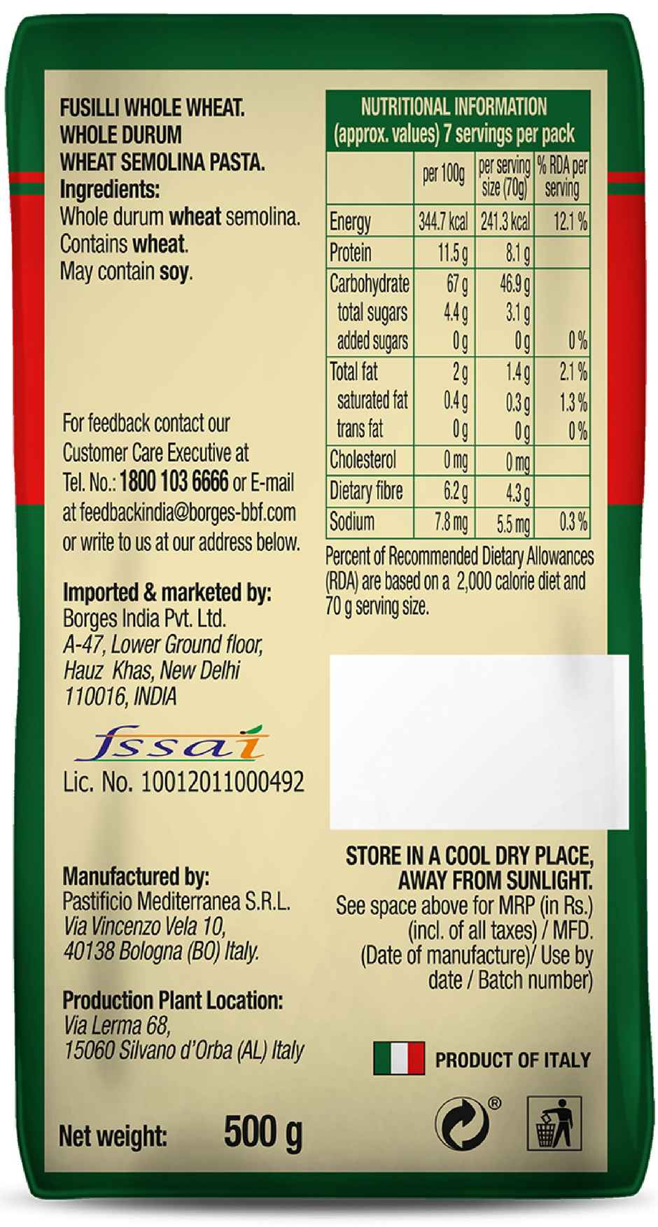 BORGES Whole Durum Wheat Pasta Fusilli