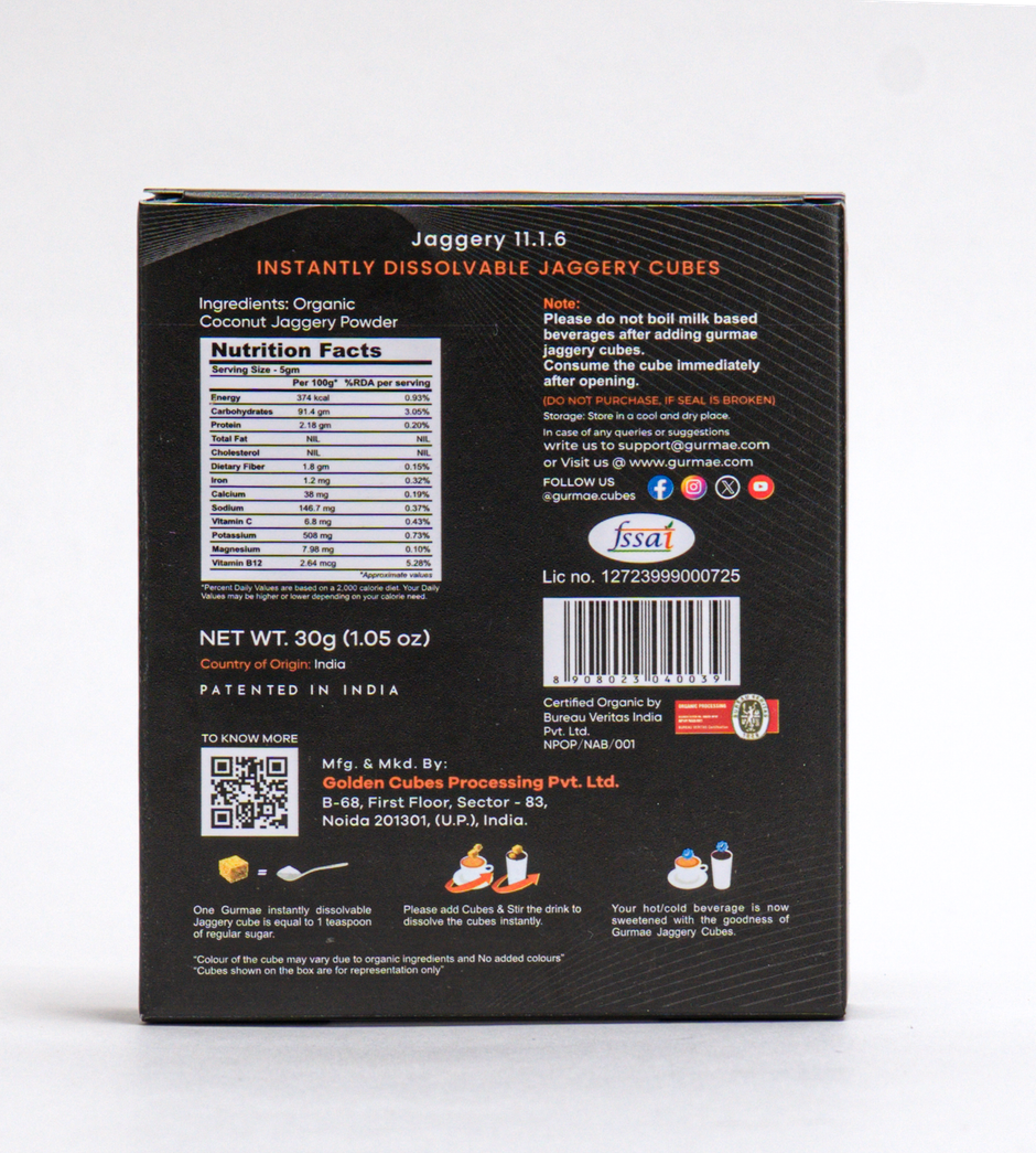 Gurmae Certified Organic Instantly Dissolvable Jaggery Cubes Coffee Sweetener