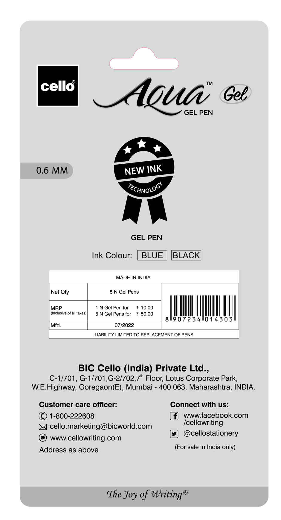 Cello Aqua Gelpen Blue - Blister of 5 (Blue)