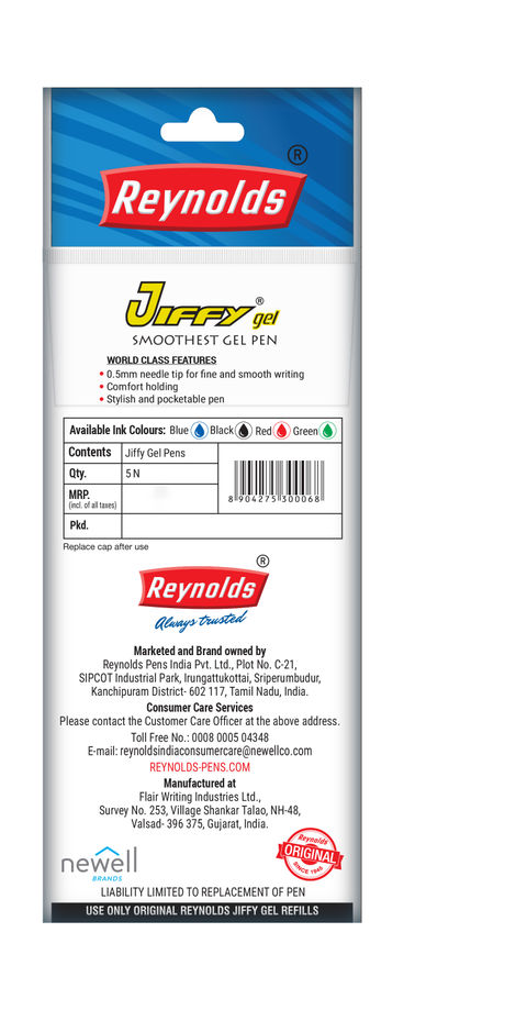 Reynolds Jiffy Gel Pen Set (5 Blue Pens)
