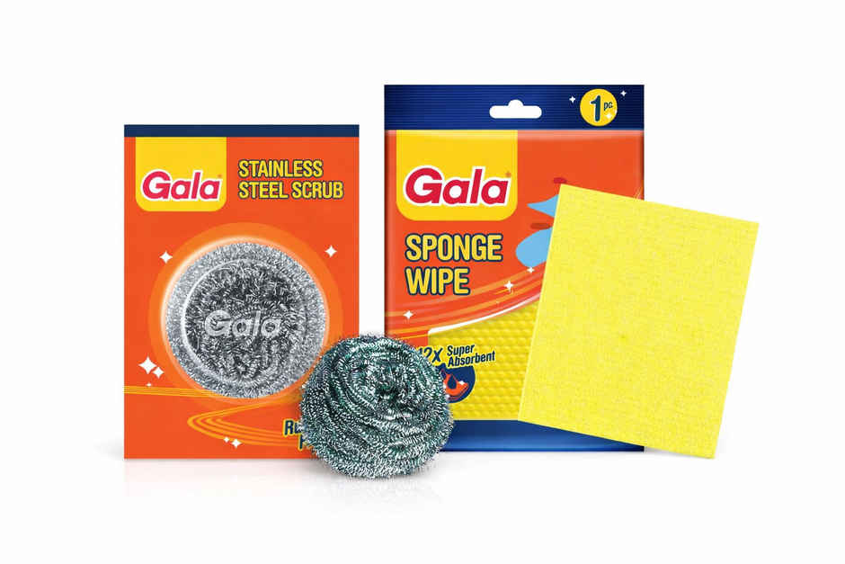 Gala Steel Scrubber Cleaner Home Everyday Scrub(1pc) & Sponge Wipe 3Pcs Set(1pc) Combo