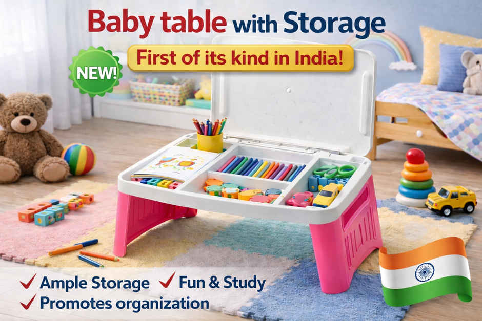 Arlavya Premium Kids Study Table With Storage | Activity Table With Foldable Legs | White & Pink