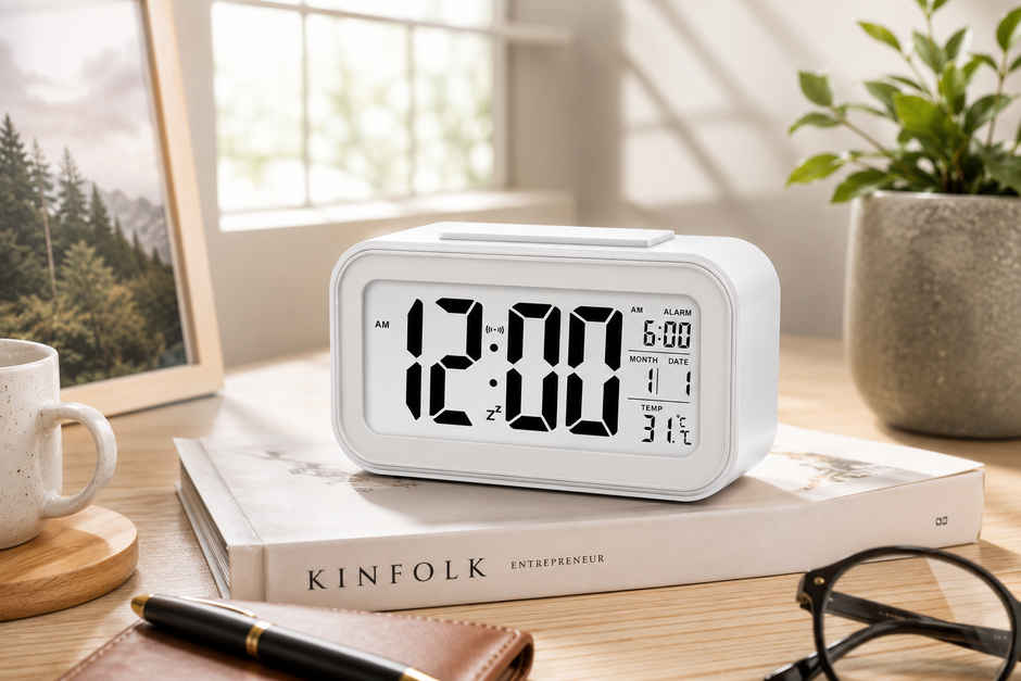 Perpetual Automatic Sensor, Time, Date & Temperature Clock | White | 9 x 5 cm