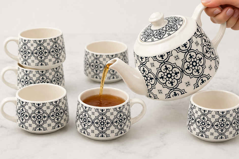 Saffron Classic Mosaic Printed Ceramic Tea Kettle Milk Pot & Cup Set