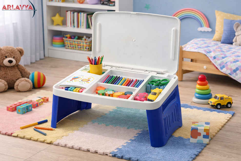 Arlavya Premium Kids Study Table With Storage | Activity Table With Foldable Legs | White & Blue