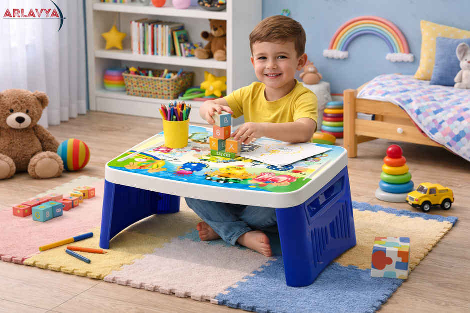 Arlavya Premium Kids Study Table With Storage | Activity Table With Foldable Legs | White & Blue