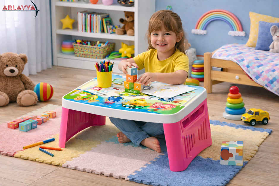 Arlavya Premium Kids Study Table With Storage | Activity Table With Foldable Legs | White & Pink